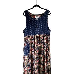 Vintage 90's Calico Dainty Floral Blue Maxi Dress Medium Whimsygoth Cottage Folk